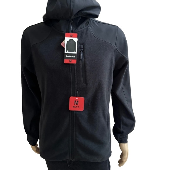 Reebok Mens Hybrid Softshell Fleece Jacket Hoodie Black YKK Zip Medium M - Picture 1 of 6